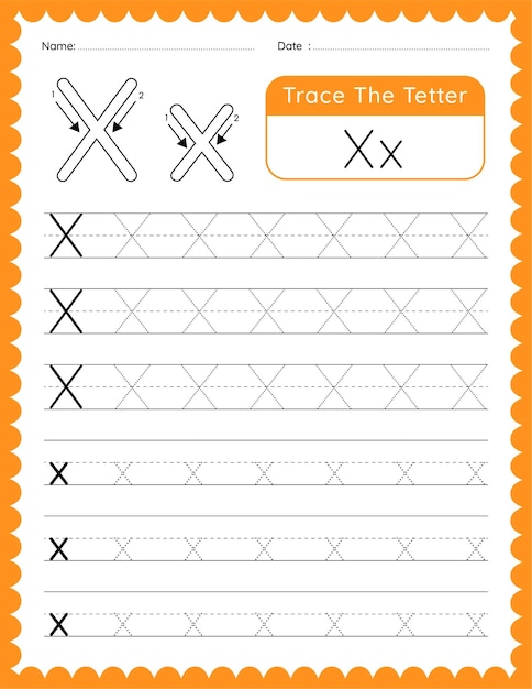 Vektor-Alphabet-Buchstabe „X“ Arbeitsblatt zum Nachzeichnen für Kinder