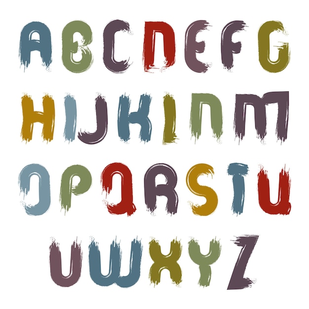 Vektor vektor-alphabet-großbuchstaben-set, handgezeichnete kindliche bunte schrift, helle drop-caps mit tintenpinsel gezeichnet.