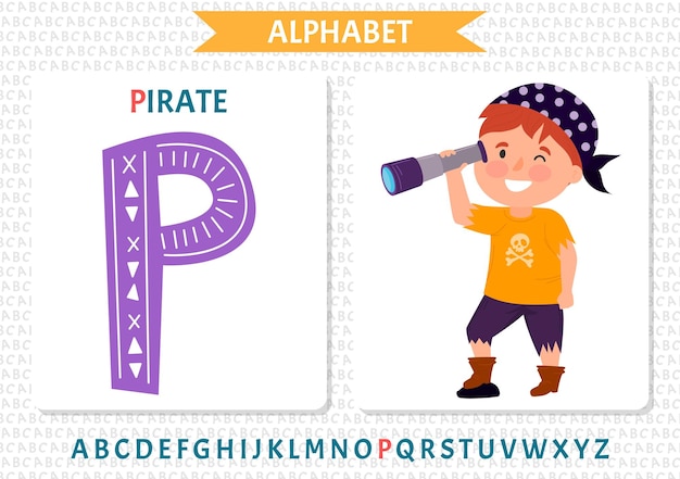 Vektor-alphabet zum thema seepiraten buchstabe p pirat mit fernglas