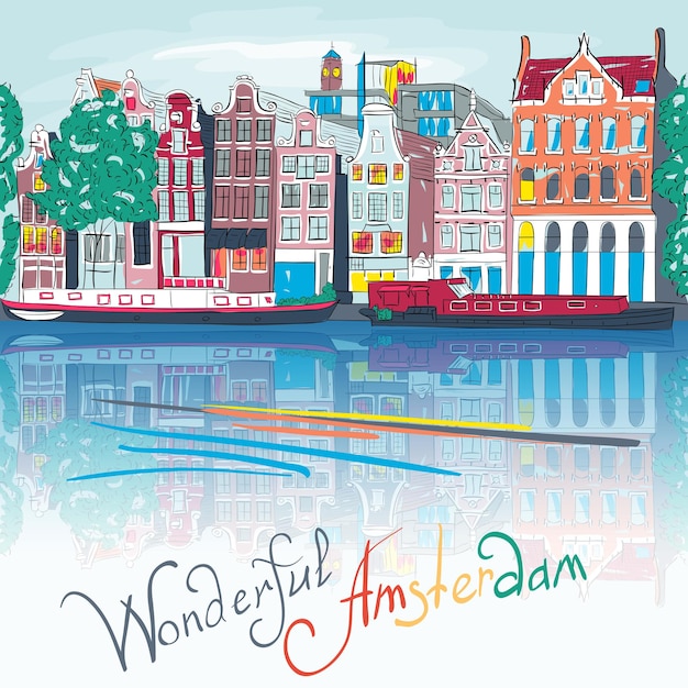 Vektor-Amsterdam-Kanal und typische Häuser