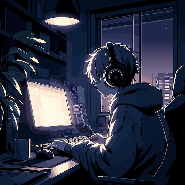 Vektor-anime-junge mit computer-lofis-stil-illustration