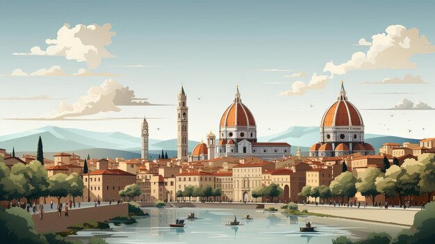Vektor aquarell cartoon landschaft historischer sonnenuntergang auf weißem hintergrund eps europäische archite