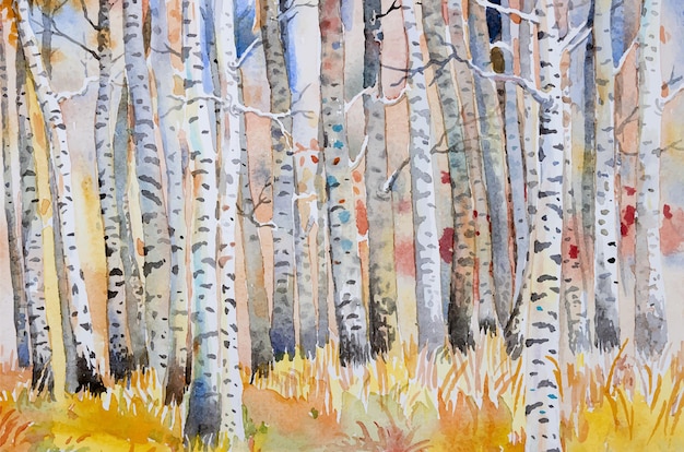 Vektor-Aquarell-Malerei-Landschaft bunte Herbstbäume Semi-abstraktes Bild des Waldes