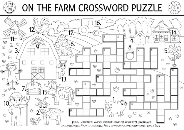 Vektor auf dem bauernhof schwarz-weiß-kreuzworträtsel für kinder einfaches quiz auf der farmlinie mit ländlicher landschaft bildungsaktivität mit kuhbauernstall niedliche kreuzwort-malseitexa