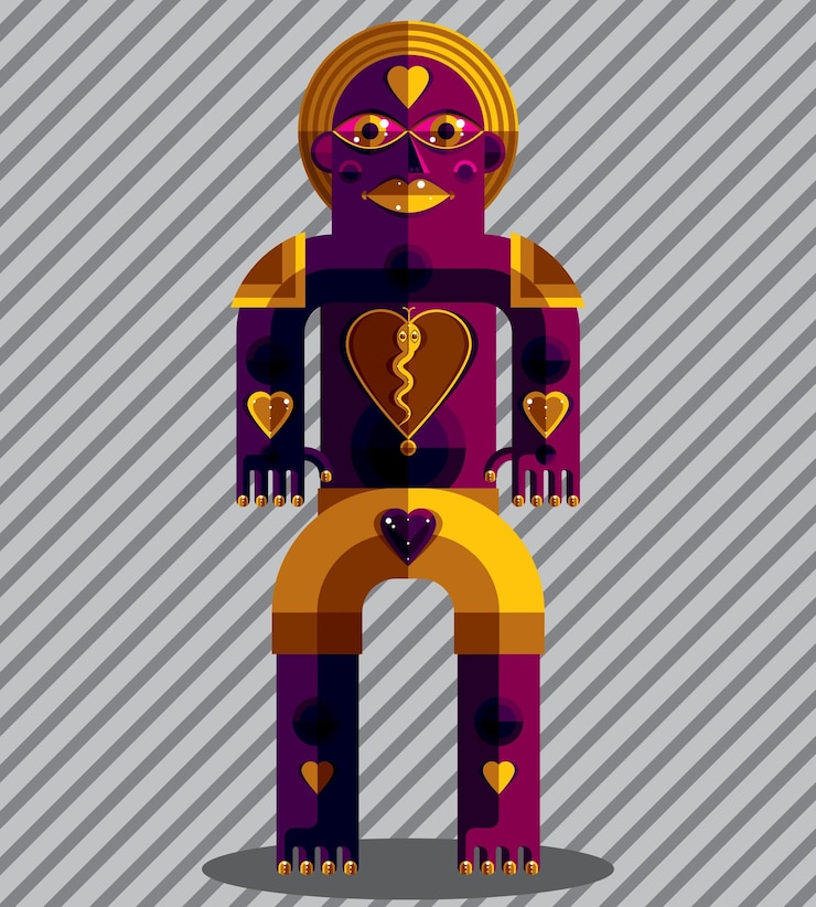 Vektor vektor-avantgarde-illustration der mythischen person, heidnisches symbol. modernistisches grafisches bild, anthropomorpher charakter einzeln auf künstlerisch gestreiftem hintergrund.