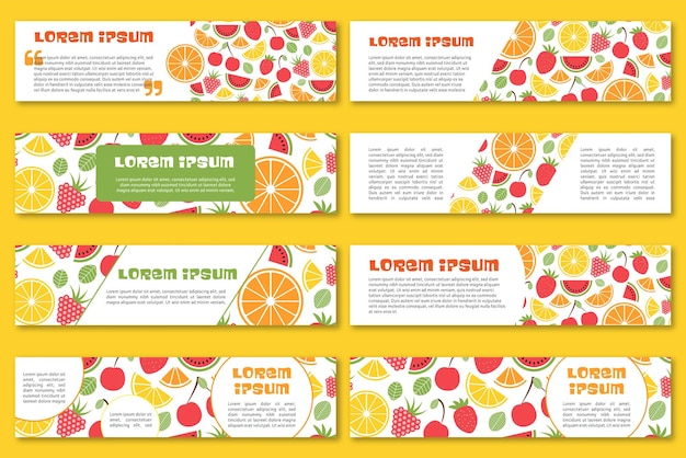 Vektor vektor-banner von tropischen früchten mit nahtlosem muster design für säfte eis naturkosmetik süßigkeiten und gebäck mit fruchtfüllung dessertkarte gesundheitsprodukte mit platz für text