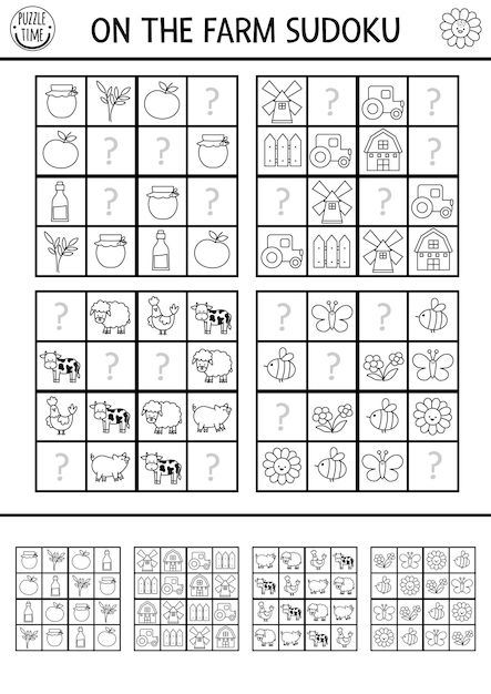 Vektor-bauernhof-sudoku-schwarz-weiß-puzzle für kinder mit bildern einfach auf dem bauernhof-quiz mit fehlenden elementen bildungsaktivität oder malseite mit farmer-scheunentraktor zeichnen sie fehlende objektexa