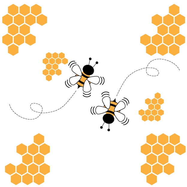 Vektor-bienenwabenstock mit sechseckigen gitterzellen und bienen-cartoon-logo auf weißem hintergrund, vektorillustration, illustration, premium-design-vektor eps10