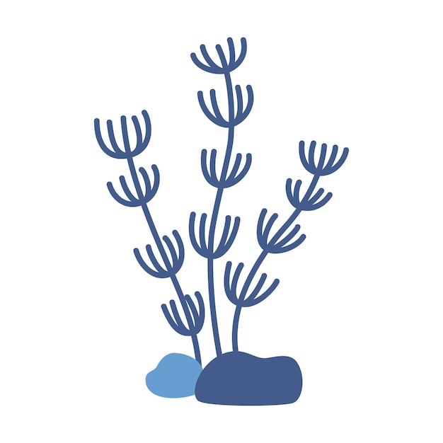 Vektor-blaualgen in flachem design süße wasserpflanze mit blättern seegras und steinen