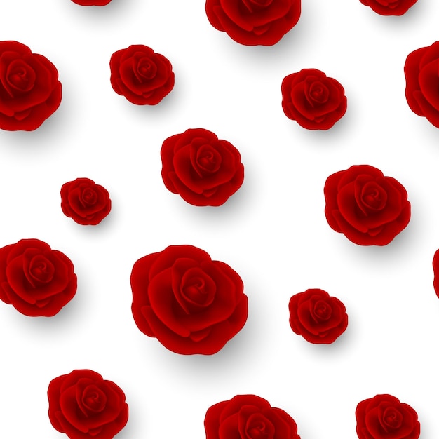 Vektor vektor-blumen-nahtloses muster, rote, realistische 3d-rosen auf weißem, floralem, nahtlosem hintergrund, hochzeitskonzept, florale illustration für dreeting-karteneinladungen, textil-tapeten-design, rosenblume