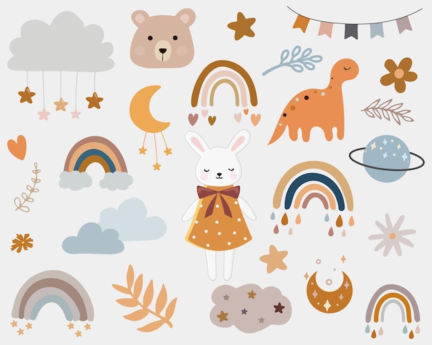 Vektor-Boho-Cliparts für Kinderzimmerdekoration mit niedlichen Regenbögen, Mond, Hase, Wolkensternen, moderne Illustration, perfekt für Babyparty, Geburtstag, Kinderparty