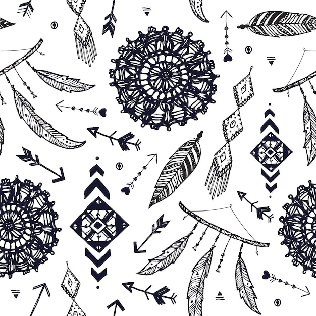 Vektor-Boho-nahtloses Muster. Handgezeichneter Traumfänger, Vogelfeder, Pfeilhintergrund. Schwarz und weiß