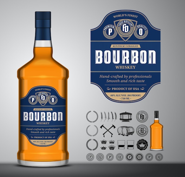 Vektor-Bourbon-Whiskey-Etikett Glasflaschen-Mockup Bourbon-Ikonen Abzeichen