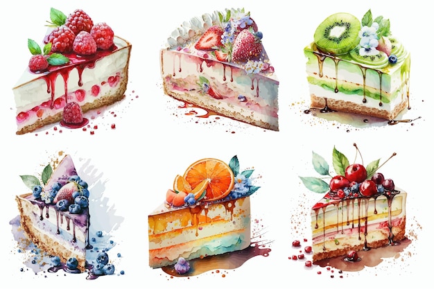 Vektor bunte Frucht süße leckere Slice Roll Kuchen Set Handgezeichnete Illustration isoliert auf weißem Hintergrund im Boho-Stil