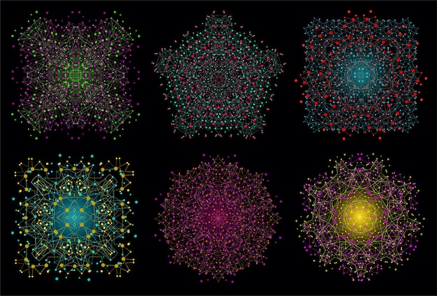 Vektor bunte helle gitterform molekularstruktur mit linien und punkten hintergrundset