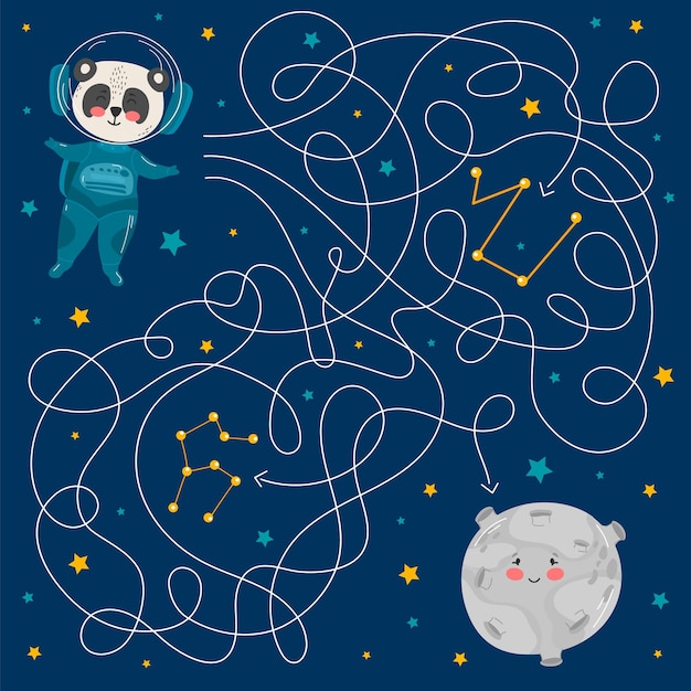 Vektor-cartoon-astronaut und planeten vektorillustrationen für kinderbücher labyrinth lernspiel für kinder helfen sie dem kosmonauten, den weg zum planeten zu finden labyrinth labyrinth-spiel für kinder panda und mond