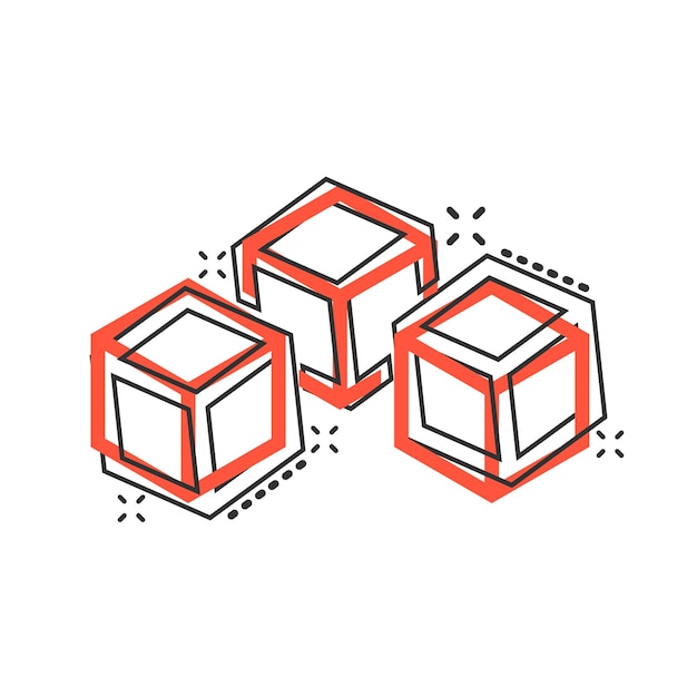 Vektor-Cartoon Blockchain-Technologie-Ikon im Comic-Stil Kryptographie Würfelblock-Konzept Illustration Piktogramm Blockchain-Algorithmus Geschäfts-Splash-Effekt-Konzept