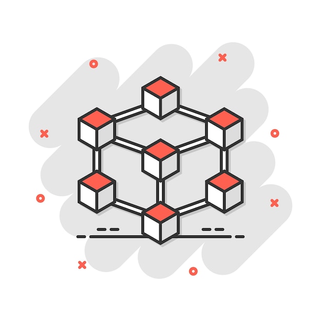 Vektor-Cartoon-Blockchain-Technologie-Symbol im Comic-Stil Kryptografie-Cube-Block-Konzept-Illustrations-Piktogramm Blockchain-Algorithmus Business-Splash-Effekt-Konzept
