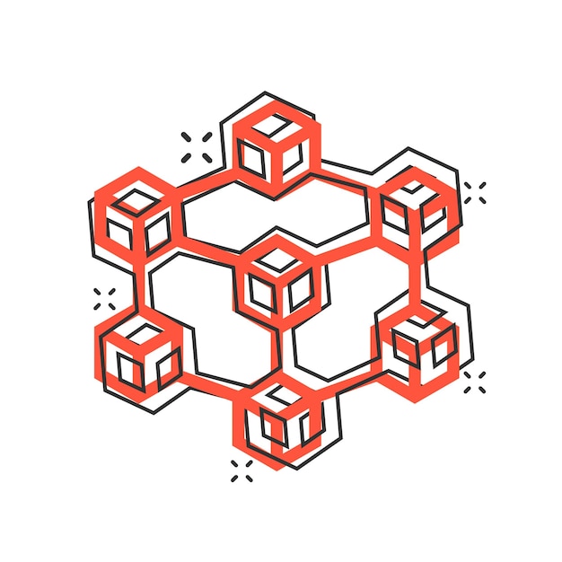 Vektor-Cartoon-Blockchain-Technologie-Symbol im Comic-Stil Kryptografie-Cube-Block-Konzept-Illustrations-Piktogramm Blockchain-Algorithmus Business-Splash-Effekt-Konzept