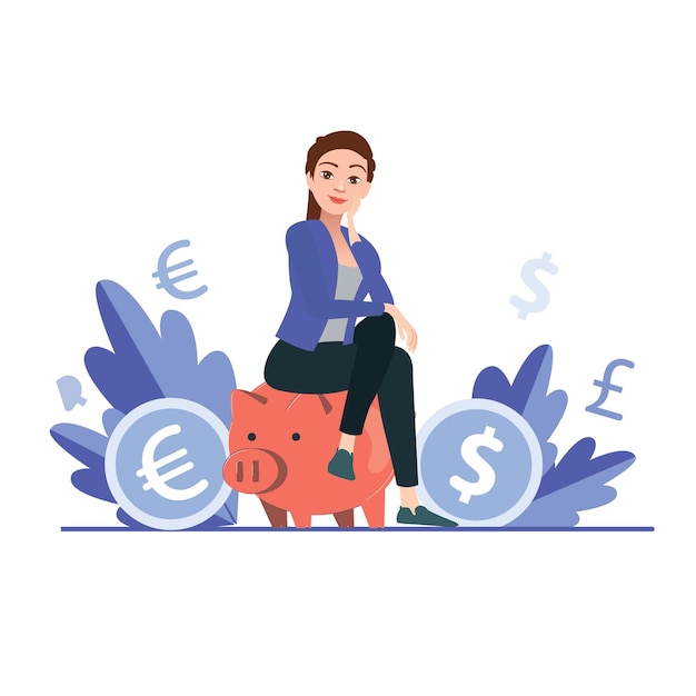 Vektor vektor-cartoon-frau-figur sitzt auf der piggy bank-landing-page-webseite und ui-design