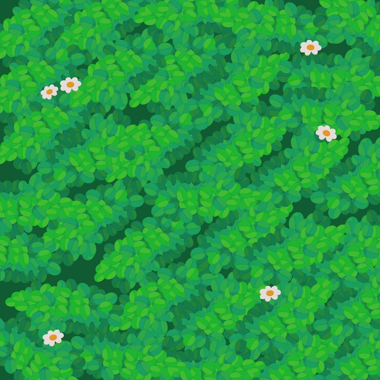 Vektor-Cartoon-Gras-Illustration des Hintergrunds Heller Dschungel mit Farnen und Blumen für die Benutzeroberfläche des Spiels