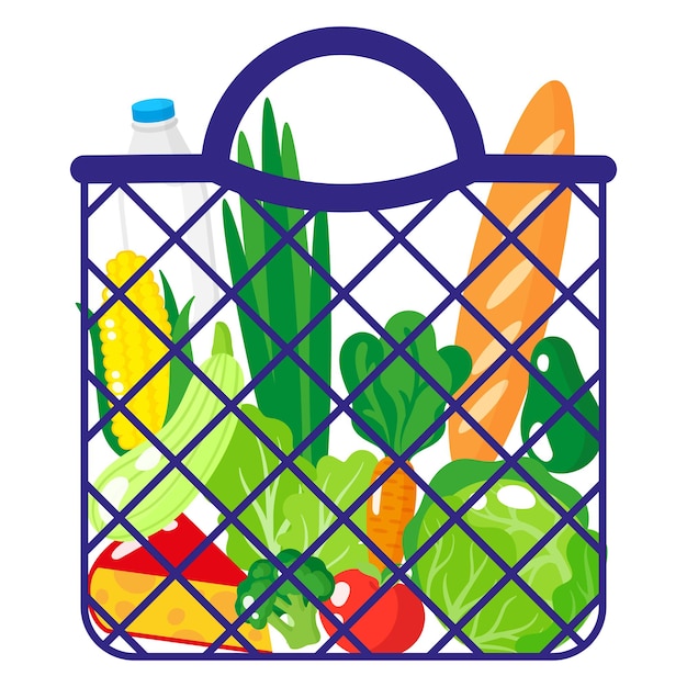 Vektor-cartoon-illustration der blauen einkaufstüte oder der schildkrötennetztasche mit bio-lebensmitteln isoliert auf weißem hintergrund
