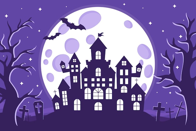 Vektor-cartoon-illustration der halloween-spukschloss-silhouette auf einem friedhof auf dem hintergrund des vollmonds