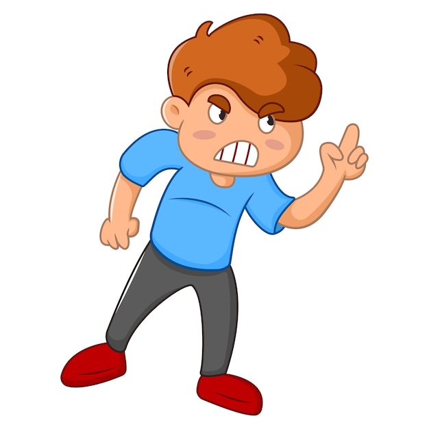 Vektor vektor-cartoon-illustration des jungen ist wütend und zeigt mit dem finger