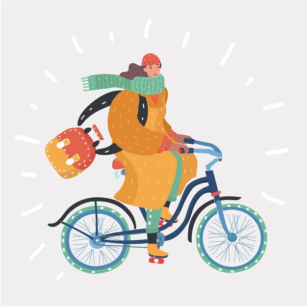 Vektor-cartoon-illustration einer modischen frau, die mit dem fahrrad in übergroßem mantel fährt. lustige figur in winterlicher automun-frühlingskleidung. kalte jahreszeiten. mensch im modernen stil auf weißem hintergrund