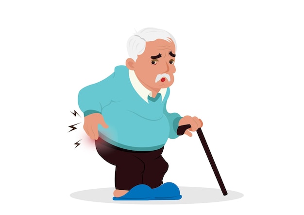 Vektor-cartoon-illustration eines alten mannes voller charakter alter mann zu fuß mit einem stock und rückenschmerzen auf weißem hintergrund großvater steht allein