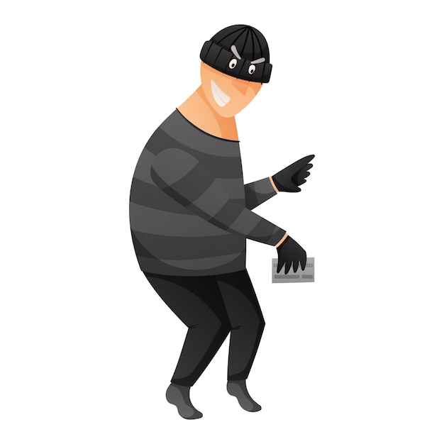 Vektor-Cartoon-Illustration eines Diebes oder Taschendiebs in einer Maske schleicht sich auf Zehenspitzen und stiehlt Bankkarten oder Geld