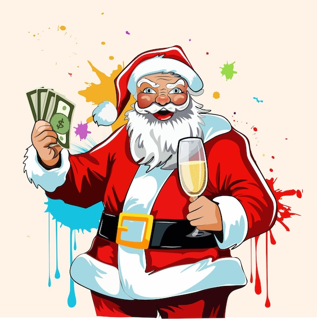 Vektor-cartoon-illustration eines süßen lächelnden weihnachtsmanns, der mit einem glas und geld steht. illustration im street-art-stil mit farbtropfen auf dem hintergrund