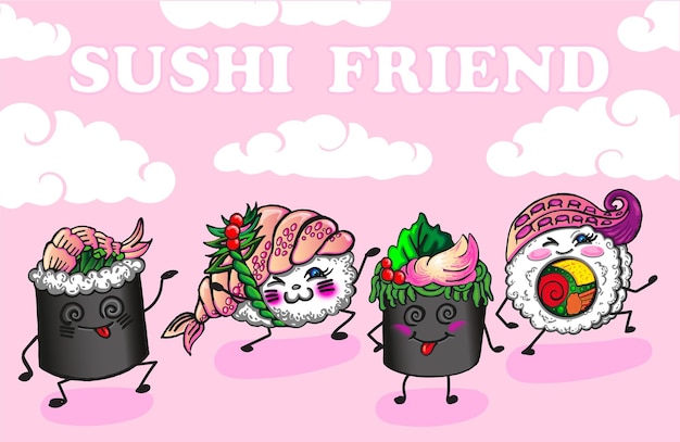 Vektor vektor cartoon japanisches essen illustration mit unterschiedlichen emotionen nette glückliche lustige lächelnde sushiroll und wasabiniedlicher sushi-zeichensatz wolken im hintergrund xdxa