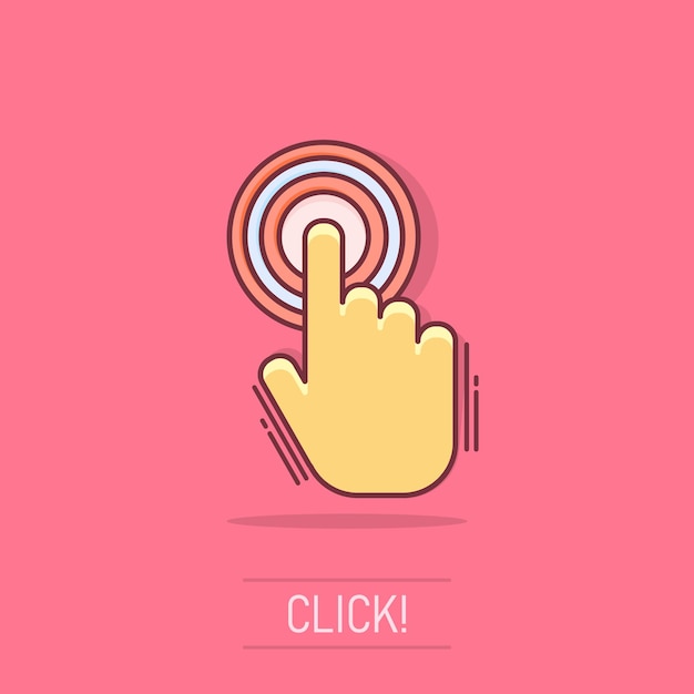 Vektor-Cartoon-Klick-Hand-Symbol im Comic-Stil Cursor-Finger-Zeichen-Illustration-Piktogramm Zeiger Business-Splash-Effekt-Konzept