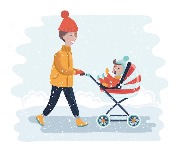 Vektor-cartoon-lustige illustration einer frau mit kinderwagen, die im schönen winter spazieren geht. junge mutter schiebt babywagen hinein