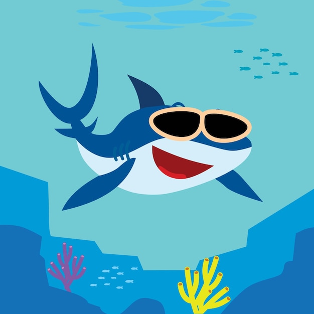 Vektor vektor-cartoon-niedlicher hai mit sonnenbrille