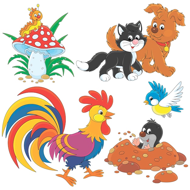 Vektor-Cartoon-Set einer Raupe auf einem Fliegenpilz, einer Katze und einem Hund, einem Hahn, einem Maulwurf und einem Vogel