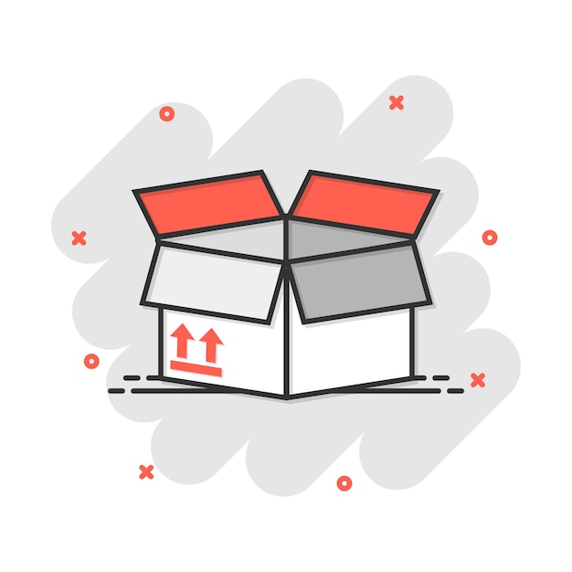 Vektor-cartoon-verpackungsbox-symbol im comic-stil versandverpackung zeichen abbildung piktogramm box business splash-effekt-konzept