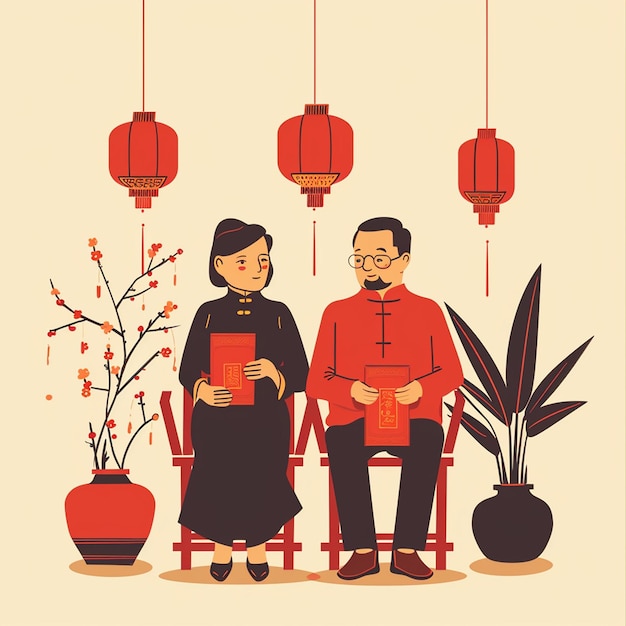 Vektor vektor chinesischer eltern mit roter tasche für die feier des chinesischen neujahrs