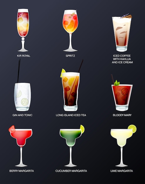 Vektor-Cocktailkarte mit alkoholischen Cocktails einzeln auf schwarzem Hintergrund