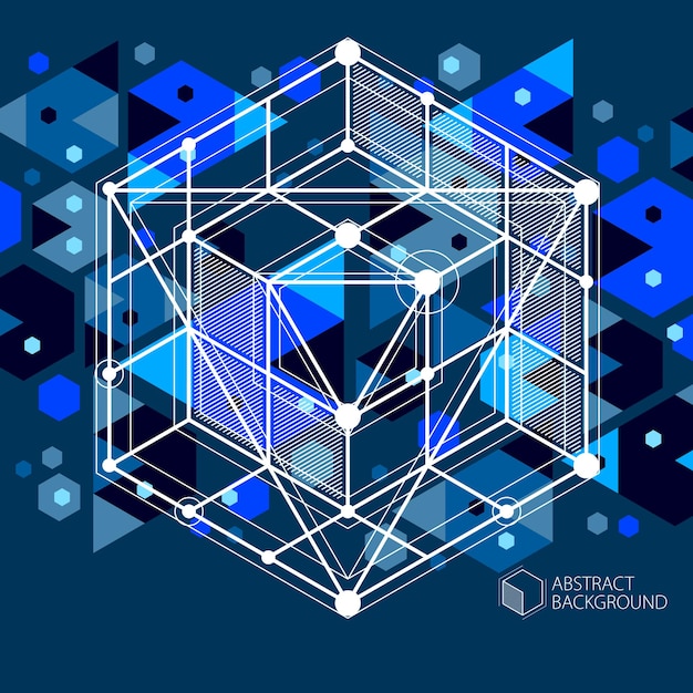 Vektor der modernen abstrakten kubischen gitterlinien blauer schwarzer hintergrund. layout von würfeln, sechsecken, quadraten, rechtecken und verschiedenen abstrakten elementen. abstrakter technischer 3d-hintergrund.