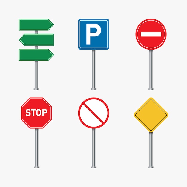 Vektor der Straßenwegweiser. Grünes, blaues, gelbes, rotes leeres Verkehrsschild. Leeres Werbeschild. Satz Verkehrszeichen getrennt auf einem weißen Hintergrund. Bunte Verkehrszeichen. Stoppschild und Parkschild.