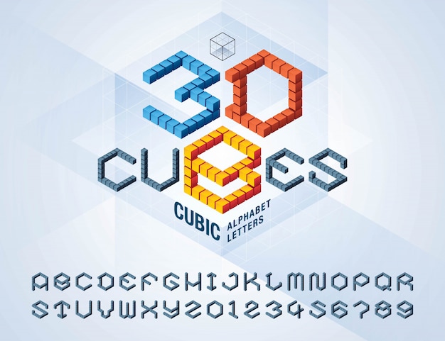 Vektor des würfels alphabet buchstaben und zahlen, abstrakte 3d hexagon stilisierte schriftarten