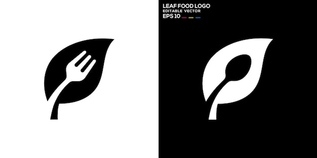 Vektor vektor-design-vorlage von löffel- und gabel-kombination mit blatt-logo restaurantgeräte besteck