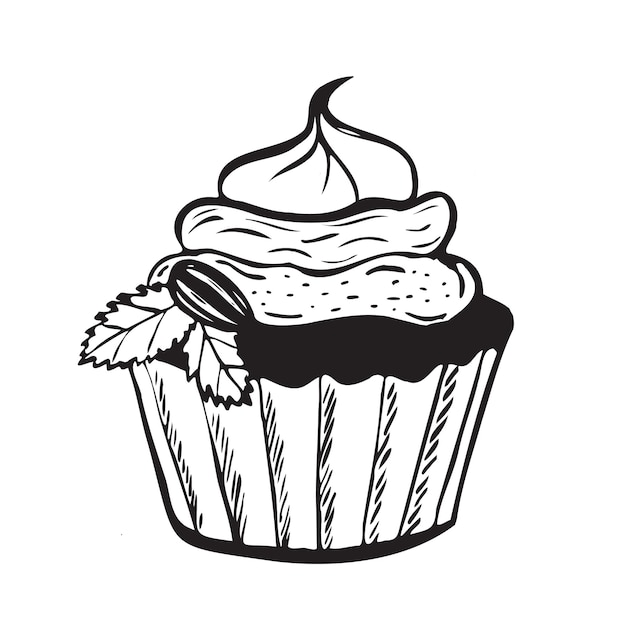 Vektor-Doodle-Cupcake Handgezeichnetes Lebensmittel-Symbol isoliert weißer Hintergrund für Menü-Cafés und Restaurants