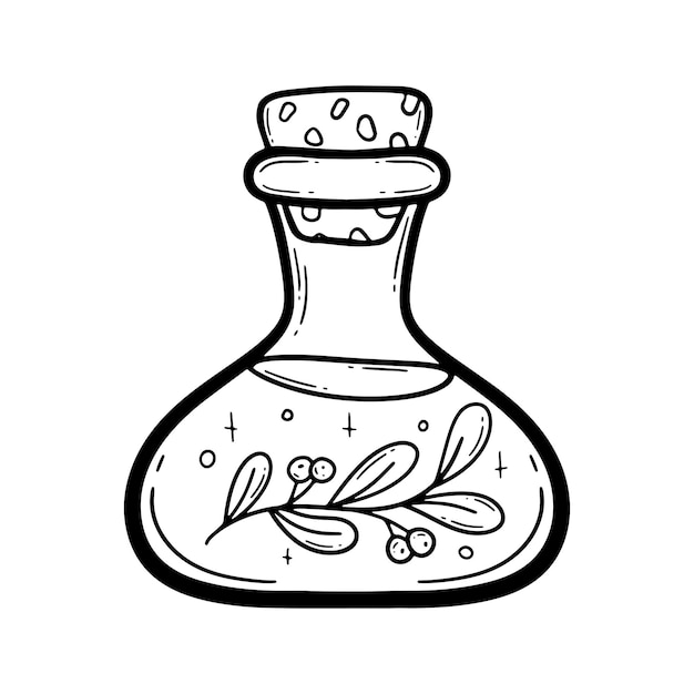 Vektor vektor-doodle-flasche zaubertrank hexerei-glasflasche alchemie-elixier in glaskolben handgezeichnete illustration von hexengift mit blättern beeren