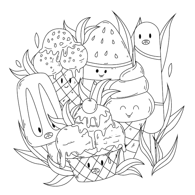 Vektor-Doodle-Illustration mit Eisfrüchten und Wellen