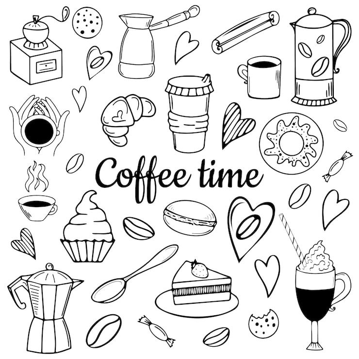 Vektor vektor-doodle-illustration zum thema kaffee und desserts kaffeezeit-sammlung