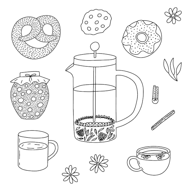 Vektor-doodle-teezeremonie-set handgezeichnete teeelemente french press pretzel cup donut und kochen