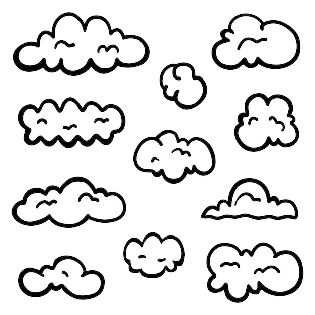 Vektor vektor-doodle-zusammenfassung von wolken, dünne schwarze linie, satz von wolken in vektorillustration